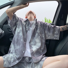2025美式扎染印花冰丝凉感短袖衬衫薄套装TZ3456/特P45灰色，男装休闲套装，电商A094