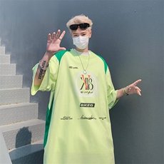 得物品质夏男短袖衬衫纯棉字母印花拼色短袖T恤衫T06P43，男装衬衫，星座1013-1