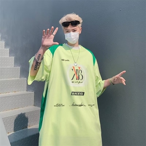 得物品质夏男短袖衬衫纯棉字母印花拼色短袖T恤衫T06 P43图片