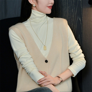早秋新款山羊绒针织背心女V领纯色马甲坎肩韩版时尚无袖开衫毛衣图片