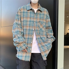 格子衬衫男长袖秋季宽松高级感格纹毛边衬衣外套1001-1-CS69-P45，男装衬衫，星座1001-1