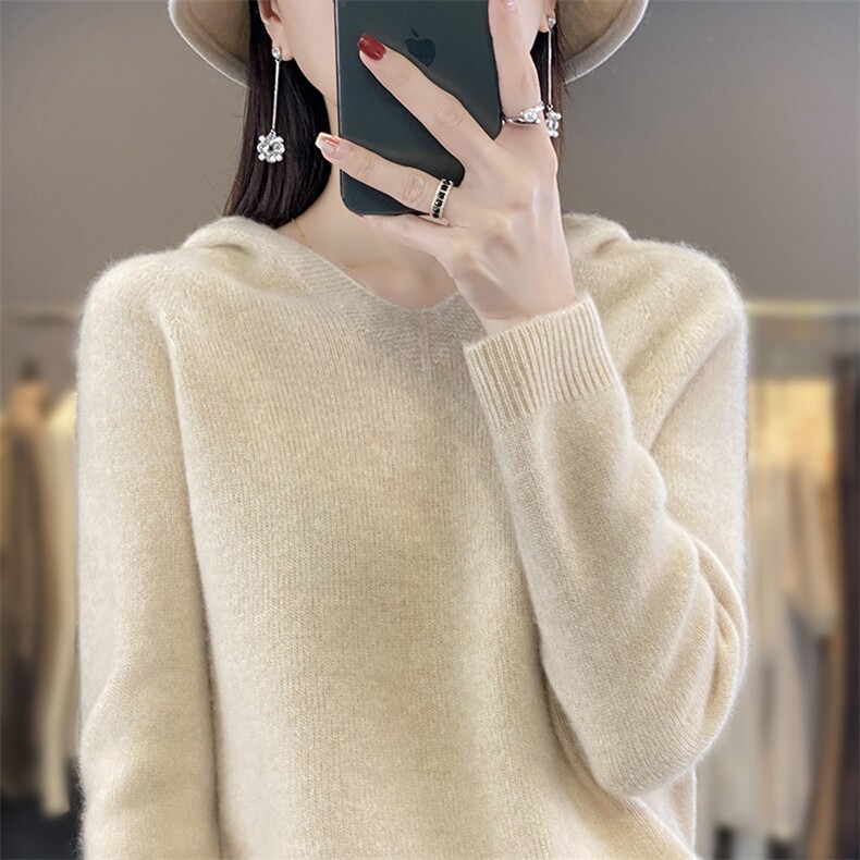 v领新款针织女长袖纯色简约百搭宽松套头连帽,针织衫/毛衣,戎洋