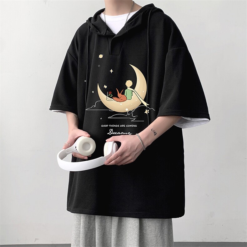 LD54416-P45NASA连帽短袖t恤男大码胖子带帽五分袖中袖,男装T恤,电商A040