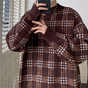 现货 现货 宽松圆领毛衣男秋冬格子百搭针织衫D329-QM801-P78控98图片