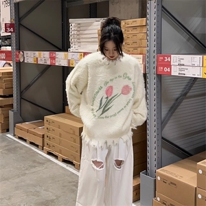 奶呼呼软糯水貂绒毛衣女秋冬加厚外穿宽松慵懒风圆领套头针织上衣图片