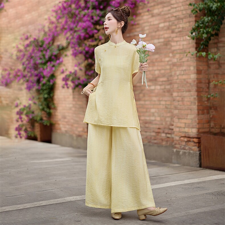 新中式风套装女2025夏新款禅意清冷贵气感御姐阔腿裤穿搭一整套，女装套装/套裙，水衣源