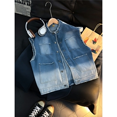 图破洞牛仔马甲无袖坎肩背心立领工装夹克外套GY68608-P50，男装背心/马甲，电商A025