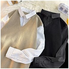 秋冬男假两件条纹衬衫毛衣背心长袖打底外套M268P60，男装背心/马甲，星座1013-1