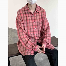粉色格子长袖衬衫男翻领宽松休闲衬衣秋季CS90-P50，男装衬衫，星座512-1（原513-3）