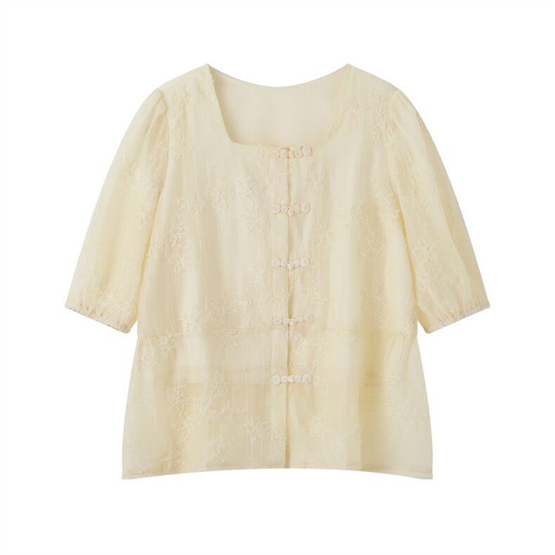 气质百搭天丝盘扣小衫2025年春季短袖，女装衬衫，朝贺羊绒