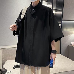 新中式潮冰丝短袖衬衫男款夏季中山领痞帅潮牌潮流休闲垂感衬衣图片