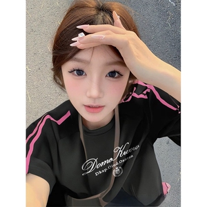 抖音得物品质二开240克宽松纯棉美式潮牌印花三条杠中性风短袖T恤图片