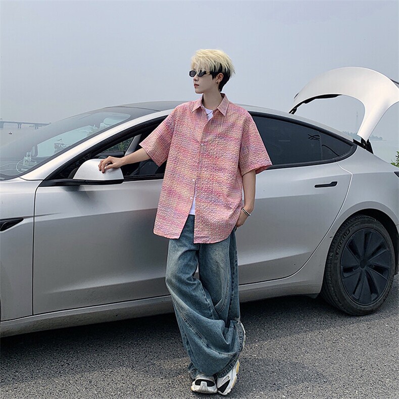 B221美式ins高街宽松薄款泡泡格短袖衬衫SY2548-特P35控59,男装衬衫,电商B221