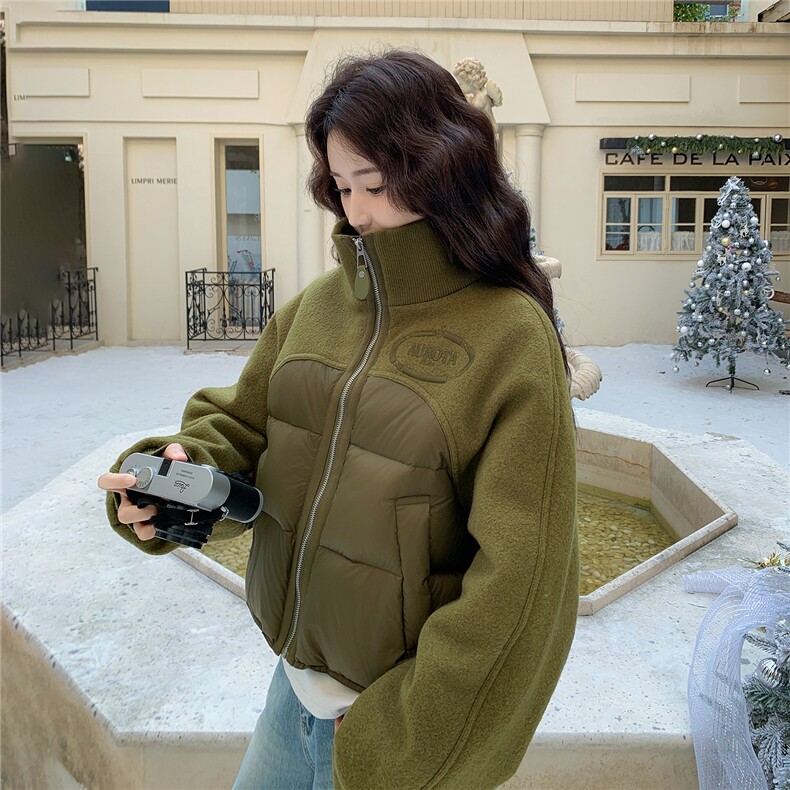 短款立领毛呢拼接羽绒服女2025冬季新款小个子白鸭绒面包服外套潮,女装羽绒服,琦鑫阁（原依鑫阁）
