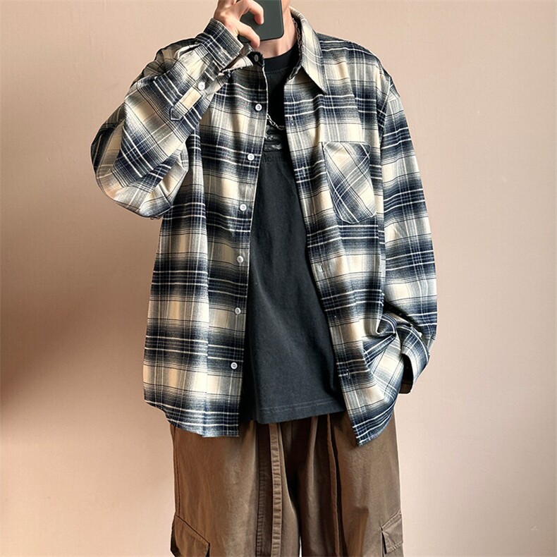 现货-春秋长袖格子衬衫男宽松潮牌休闲内搭衬衣-AC23086-特批P58,男装衬衫,电商A351