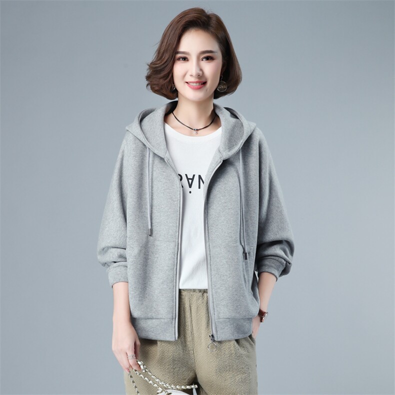 连帽开衫卫衣外套女2024年春秋新款韩版宽松拉链绿色上衣中年妈妈,女装短外套,简韵佳