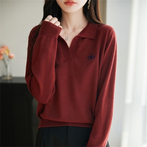 POLO领精纺羊毛衫针织毛衣女春秋新款字母刺绣上衣宽松休闲打底衫图片