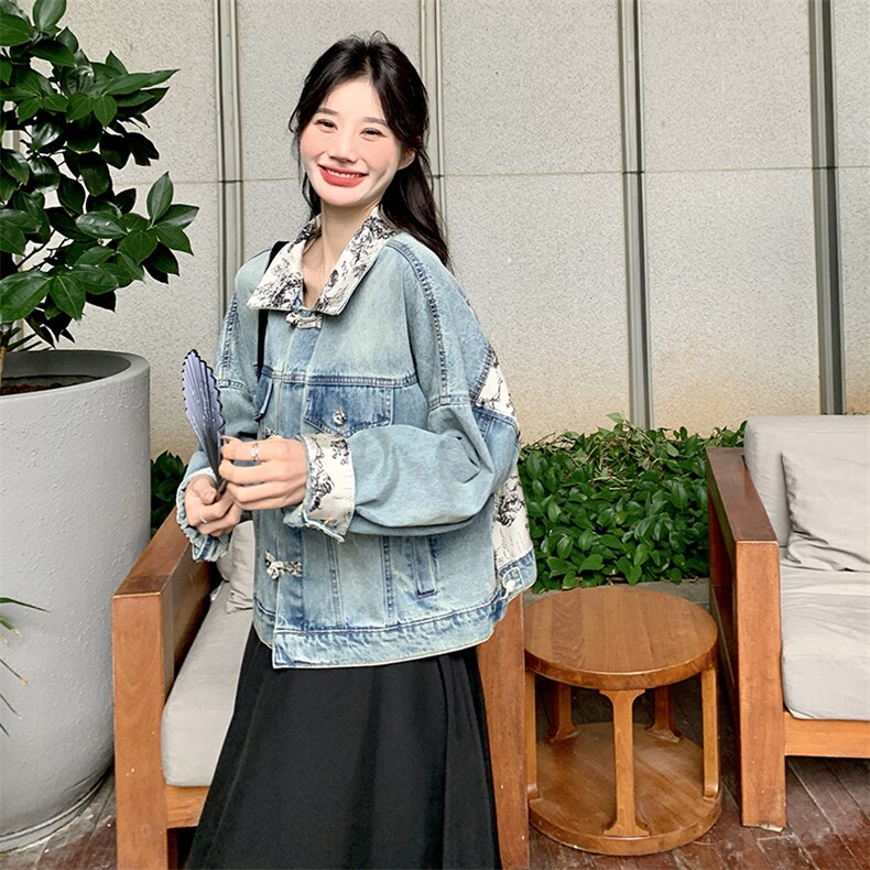 2024年春季【现货新款】气质时尚新中式风水墨画牛仔拼接牛仔外套,女装牛仔外套,浙宝220
