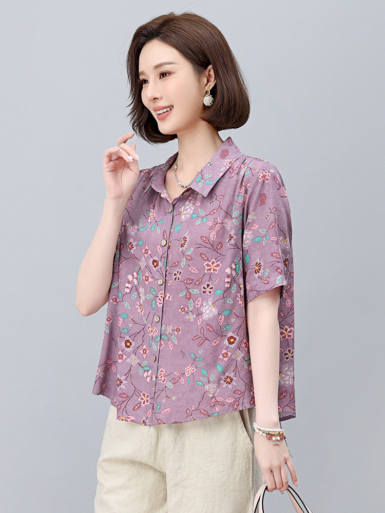 棉麻印花短袖薄款衬衫女2025年夏季新款小个子宽松妈妈遮肚子上衣,女装衬衫,依恋蒂丝