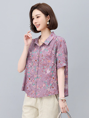 棉麻印花短袖薄款衬衫女2025年夏季新款小个子宽松妈妈遮肚子上衣，女装衬衫，依恋蒂丝