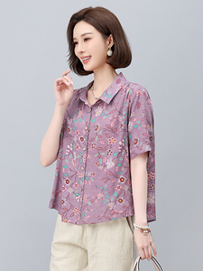 棉麻印花短袖薄款衬衫女2025年夏季新款小个子宽松妈妈遮肚子上衣图片