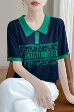 夏季新款天丝polo领拼色字母提花短袖女宽松百搭显瘦时尚休闲上衣，女装T恤，暖娇绒包芯纱店