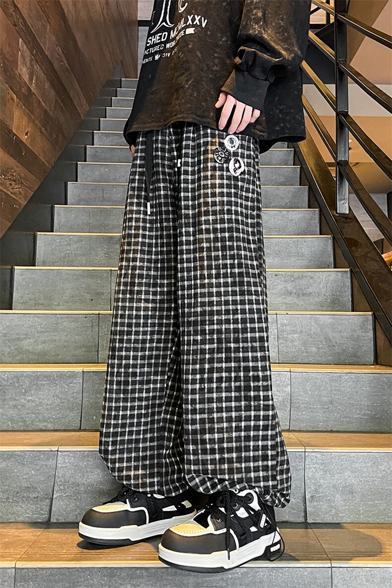 8XL-M送徽章扣!美式复古格子裤宽松垂感阔腿休闲松紧K9104P58控78,男装休闲裤,电商D206-1