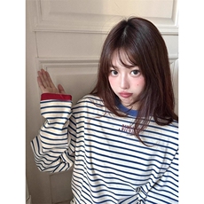 撞色条纹圆领长袖T恤女2025春秋新款韩版宽松内搭打底衫体恤上衣，男装T恤，星座506A