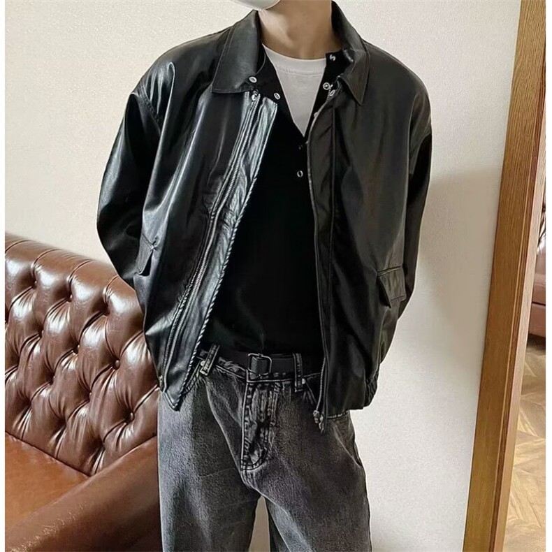 美式休闲纯色秋季高级感皮衣外套男宽松pu皮复古潮流翻领机车夹克,男装夹克,星座506A