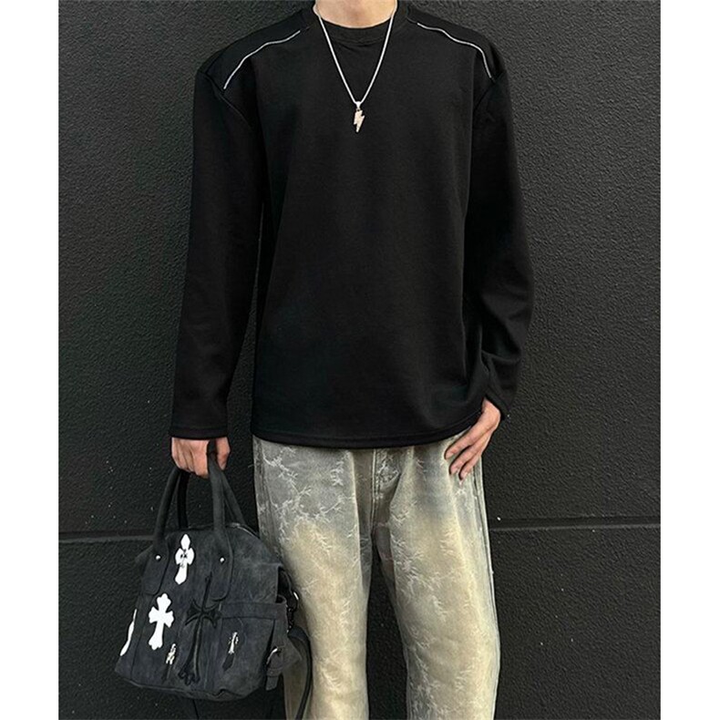 抖音得物高品质26春装设计感长袖打底衫纯色拉链肩圆领卫衣W123,男装T恤,电商A486