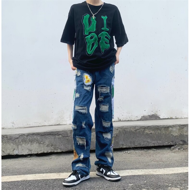 美式高街牛仔裤男韩版潮流刺绣个性2023秋冬新款ins长裤RK981-P81,男装牛仔裤,星座412-3