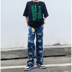 美式高街牛仔裤男韩版潮流刺绣个性2023秋冬新款ins长裤RK981-P81，男装牛仔裤，星座412-3