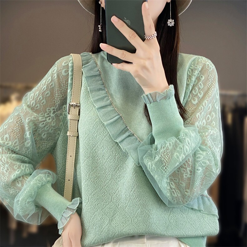 精纺羊毛蕾丝拼接女半高领套头宽松上衣秋季新款纯色针织薄款毛衣,女装羊毛衫,宛庄羊绒