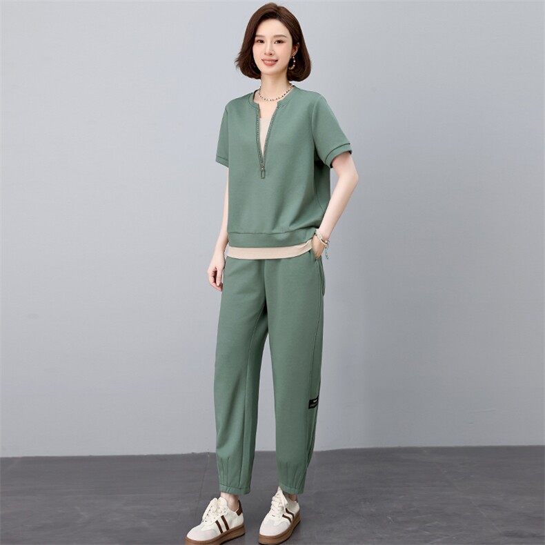 薄款休闲运动服套装女夏装2025夏季新款跑步服妈妈时尚洋气两件套图片