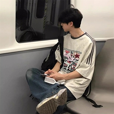 夏季美式高街重磅纯棉三条杠织带撞色男女短袖T恤ZD572-特P30，男装T恤，电商A486