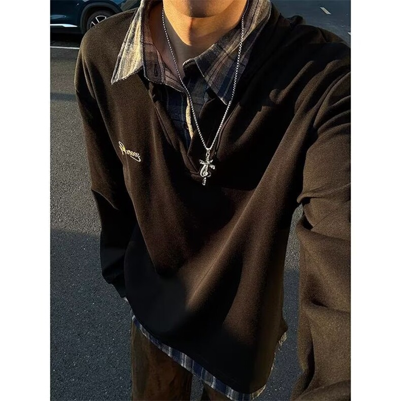 网图现货足衬衫V领假两件polo衫卫衣男长袖T恤W39特P40，男装T恤，星座205-3