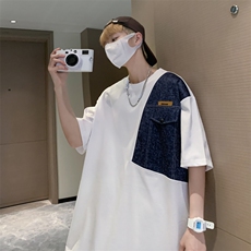夏季小众设计感牛仔拼接潮流短袖T恤男装上衣618A-2840-P48控58，男装T恤，星座914-4