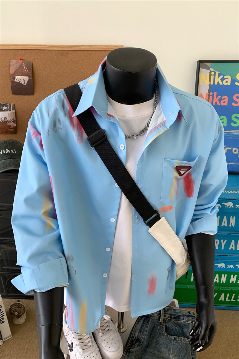 XZ-230-1CS522秋假模宽松轻奢个性水墨涂鸦休闲长袖衬衫P50控68,男装衬衫,星座230-1