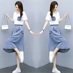 2021夏季新款简约时尚气质减龄圆领牛仔半身裙两件套图片