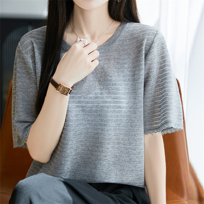 夏季新品2025韩版天丝半袖女圆领镂空大码短袖T恤女气质,针织衫/毛衣,唐诺