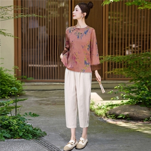 长期有货2026夏装新款复古提花天丝休闲两件套装女中式印花小脚裤图片
