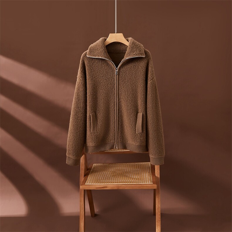 秋冬新款立领拉链35%羊绒衫女短款宽松慵懒风针织开衫外套，女装羊绒衫，朵沐纯羊绒
