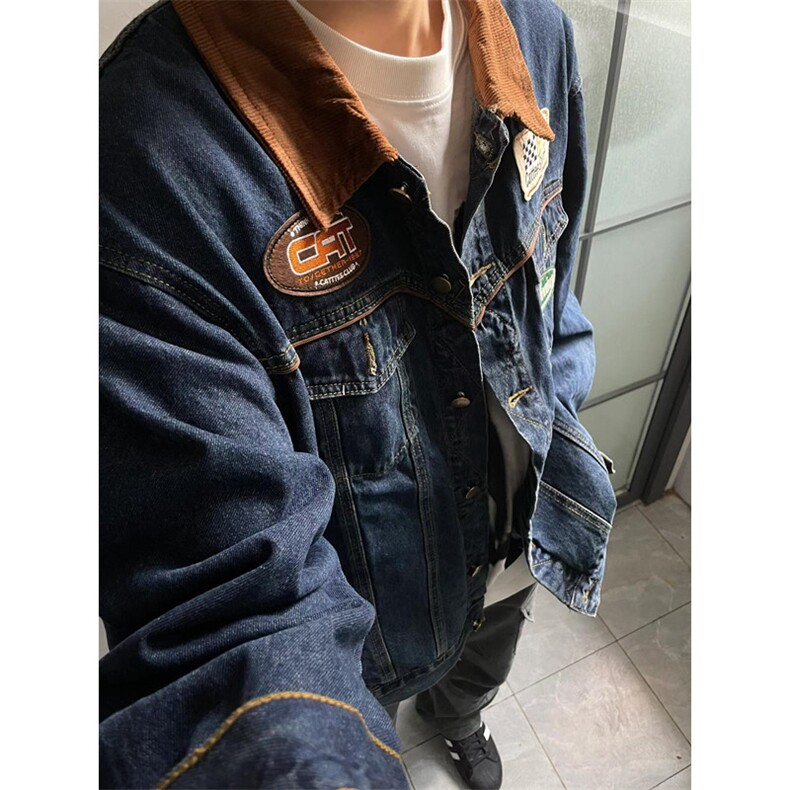 春季新款美式复古牛仔外套男女机车潮牌翻领夹克宽松上衣N1235,男装夹克,星座1116A（原606A-3）