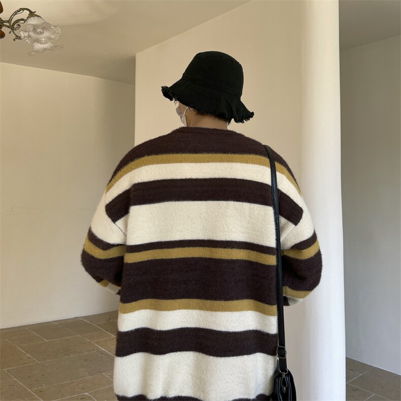 拼色条纹圆领毛衣男冬季美式vintage宽松套头针织衫,男装针织衫/毛衣,星座410-6（原星座1304-1）