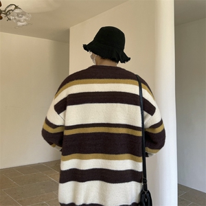 拼色条纹圆领毛衣男冬季美式vintage宽松套头针织衫图片