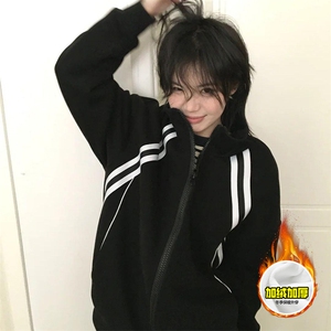 480G重磅加绒硬挺boxy男女秋冬美式高街织带撞色立领卫衣开衫外套图片