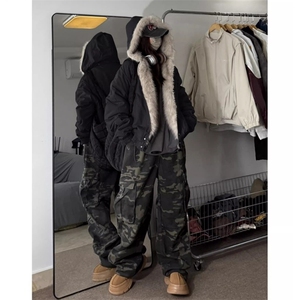 现货高品质美式高街冬季重磅硬挺短款座山雕毛领棉衣男女加厚外套图片