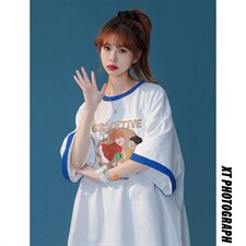 中性春夏新款宽松复古卡通印花撞色圆领短袖T恤女T6260P35控48，男装T恤，电商A268