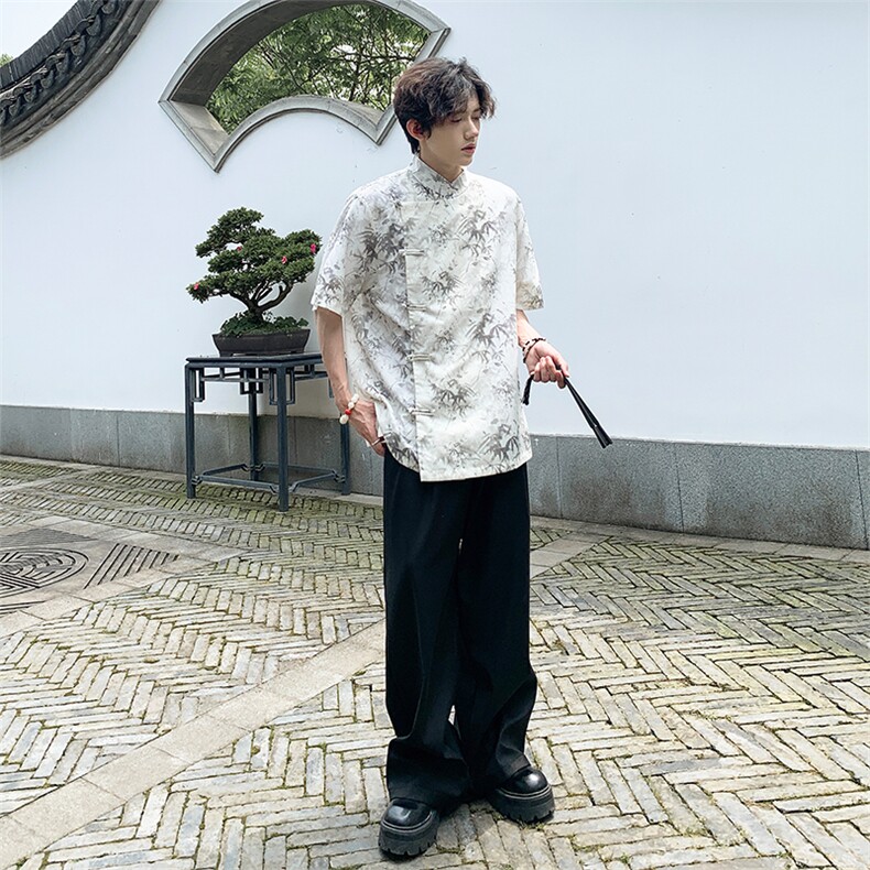 夏季新中式2024亚麻风新款竹叶提花短袖上衣CS35-P65控88,男装T恤,电商A021