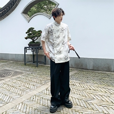夏季新中式2024亚麻风新款竹叶提花短袖上衣CS35-P65控88，男装T恤，电商A021